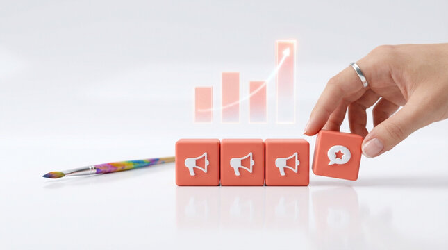 Social media marketing strategy cubes with hand and growing business chart