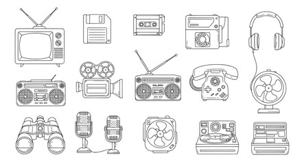Retro technology and media icons collection line art drawing