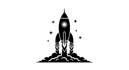 Rocket ship launch silhouette with stars and exhaust cloud