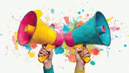 Two colorful megaphones held up against a vibrant paint splatter background.