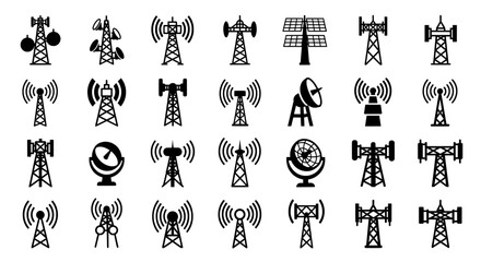 Antenna icons set for telecommunication and radio signal