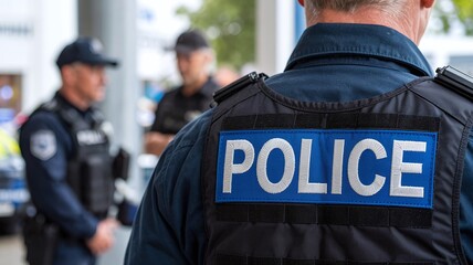 Group of Uniformed Police Officers in Tactical Vests Standing in Formation for Law Enforcement Training and Public Security Service Concepts