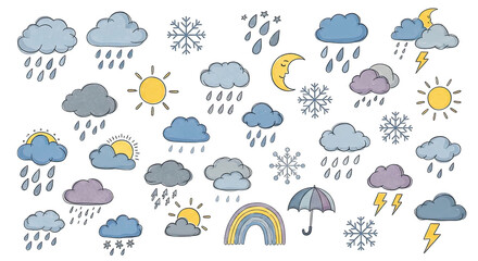 Obraz premium Weather symbols pattern with rain clouds sun moon and rainbow