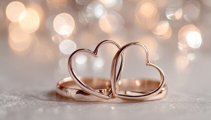 Elegant Heart Shaped Wedding Rings with Bokeh Lights Background.