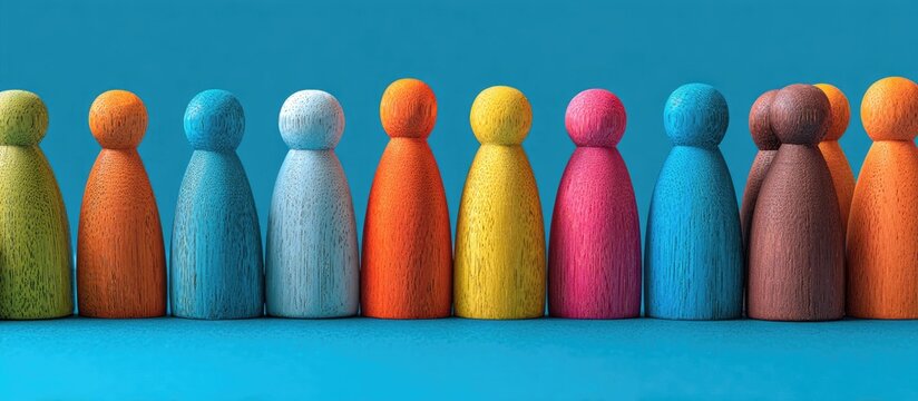 A diverse group of colorful wooden peg dolls standing in a line against a bright blue background.