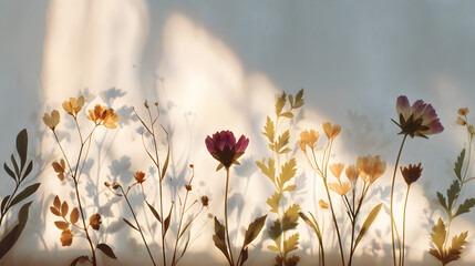 Pressed Wildflowers Silhouettes with Soft Golden Light and Natural Shadows on Neutral Wall Background