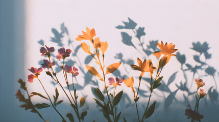 Colorful Pressed Wildflowers with Dramatic Sunlight and Shadow Play on Light Wall