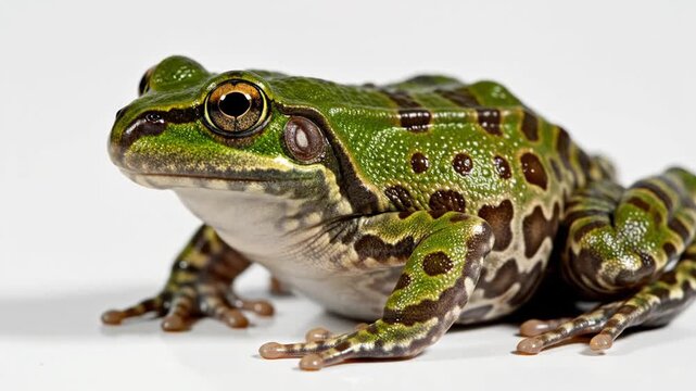 Close up shot of green frog on white background