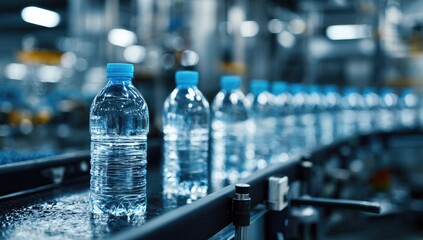 Bottles of Pure Water Moving on a Conveyor Belt in a Factory.