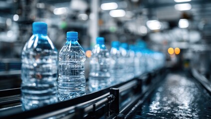 Bottles of Water on a Conveyor Belt in a Factory.