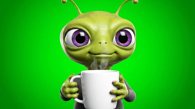 Cute alien holding a coffee mug with steam, green background, 3d render