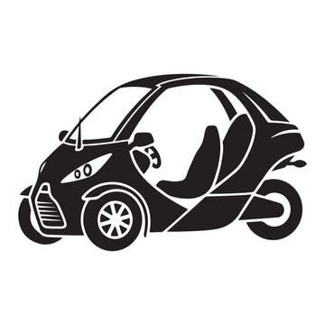Black Silhouette Three-Wheeled Microcar Vector Icon on White Background
