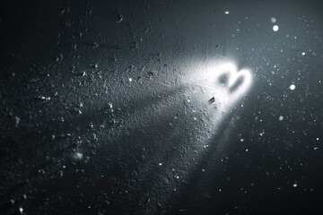 Heart shape drawn on a foggy window with light shining through.