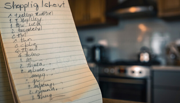 Handwritten Shopping List in Modern Kitchen - Meal Planning, Grocery Organization, and Home Budgeting Concept Hero Banner with Copy Space