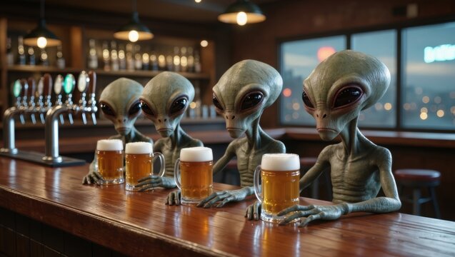 Aliens are drinking beer at a bar