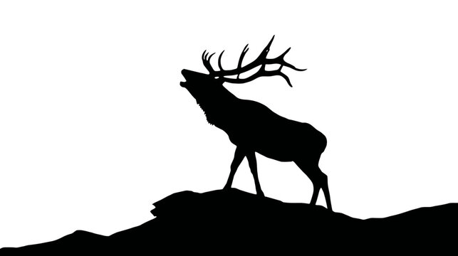 Powerful silhouette of a majestic bull elk or stag bugling on a rocky hill against a white background, wild nature art.