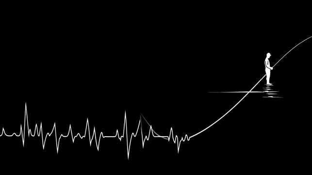 Abstract heartbeat pulse line transforming into a fishing rod, with a minimalist angler silhouette enjoying the hobby on a black background.