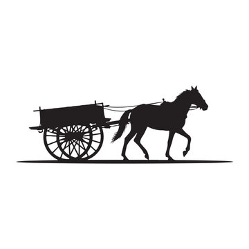 Monochrome Vector Silhouette of Horse Pulling Vintage Farm Cart