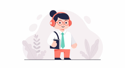 Fototapeta premium Person with headphones and book, wearing shirt, tie, and trousers, with plants