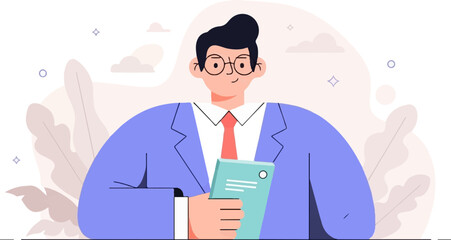 A stylized man in a suit and tie holds a tablet against a background of abstract shapes and foliage