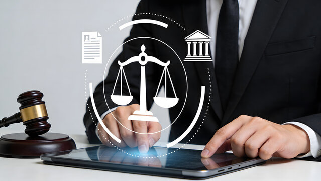 Lawyer using digital tablet with justice scale icon for legal research and case management