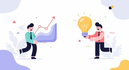 Two men, one holding a graph and the other a lightbulb, in a business concept