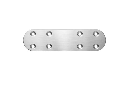 Mending plate connector with rounded ends and eight countersunk screw holes, crisp beveled edges, top-down flat lay, isolated on transparent background