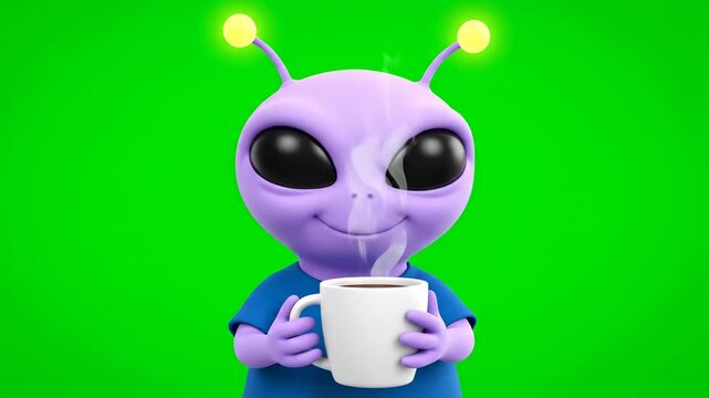 Cute Alien Holding Coffee Mug, Steaming Drink, Green Screen Background, Fun Sci-Fi Character