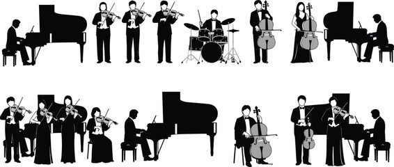Orchestra musicians silhouettes set classical music band piano violin cello drum vector collection © Salman