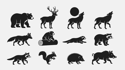Fototapeta premium Collection of 12 Black Animal Silhouettes Arranged in Rows – Bear, Deer, Wolf, Fox, Boar on White Background