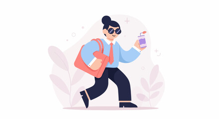 Obraz premium Animated figure strides, holding a beverage container and bag, amidst stylized flora