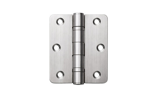 Door hinge with closed aligned leaves, three knuckles and six countersunk screw holes, top-down flat lay, isolated on transparent background