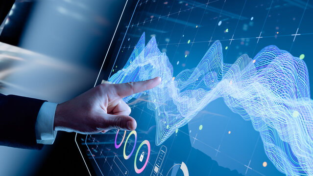Businessman touching interactive digital data visualization screen &mdash; futuristic technology interface, big data analytics, artificial intelligence, machine learning, innovation concept, smart dashboard