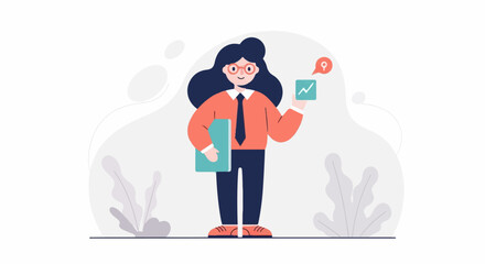 Fototapeta premium Cartoon depiction of a person in business attire holding a tablet with a graph and a folder