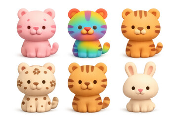 Fototapeta premium Collection of cute, stylized animal characters including tigers, a leopard, and a bunny