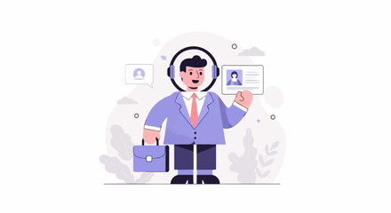 A cartoon man in a suit, headphones, and holding a briefcase and ID card