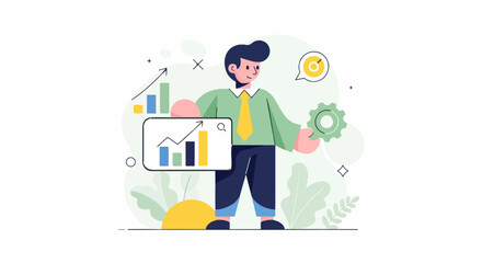 Animated man presenting a graph and holding a gear, symbolizing business growth and efficiency