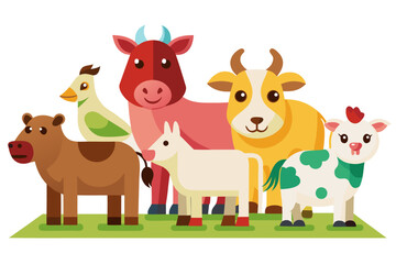 Obraz premium Colorful cartoon farm animals group: cow, sheep, bird, goat, and donkey on a green field illustration