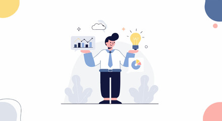 Person balancing data charts and a bright idea lightbulb, abstract background