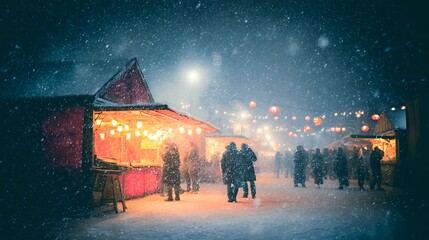 Winter market scene with snow, illuminated stalls, digital art
