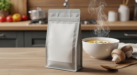 Blank silver food packaging pouch mock-up on a warm rustic kitchen counter with steaming soup