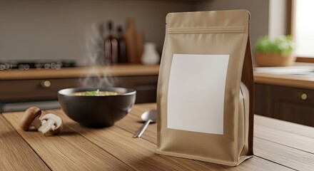 Steaming hot soup and blank kraft paper stand-up pouch mockup on rustic wooden kitchen counter