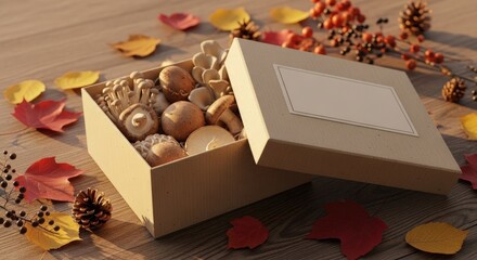 Elegant Gift Box Featuring a Healthy Selection of Fresh Organic Mushrooms Amidst Vibrant Autumn Leaves