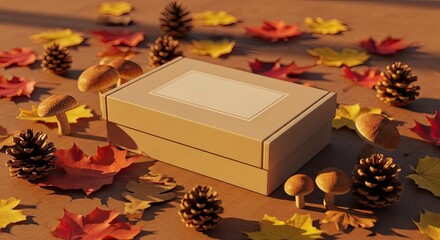 Autumnal Gift Box Mockup Surrounded by Vibrant Fall Leaves and Natural Elements, Cozy Seasonal Packaging