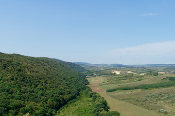 Obraz premium Scenic vista of a lush green forest, fields, and rolling hills under a bright blue sky.