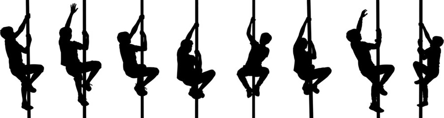 Pole climbing silhouette vector collection. Includes 8 different male figures climbing poles in various poses. Created in solid black silhouette style with a white background.