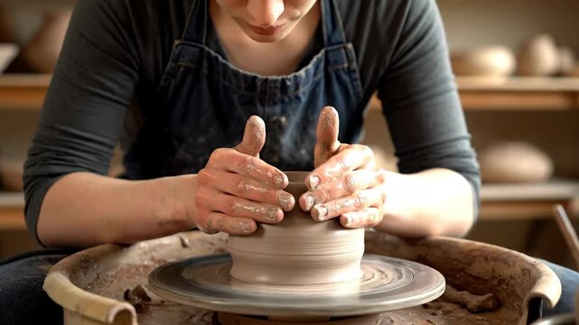 An artisan shapes clay on a pottery wheel