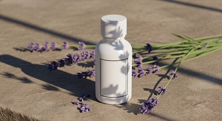 A white bottle of lavender essential oil with purple flowers on a wooden surface