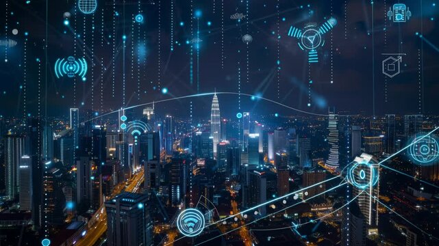 Digital data streams and holographic overlaying a vibrant nighttime, smart infrastructure, IoT connectivity, cybernetic urban landscape, digital transformation.