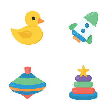 Cute baby toys set. Duck, rocket, spinning top and stacking rings vector illustration